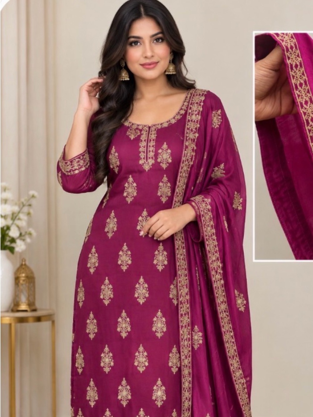 Embroidered Plum Magenta Lehanga Suit with Gold Accents